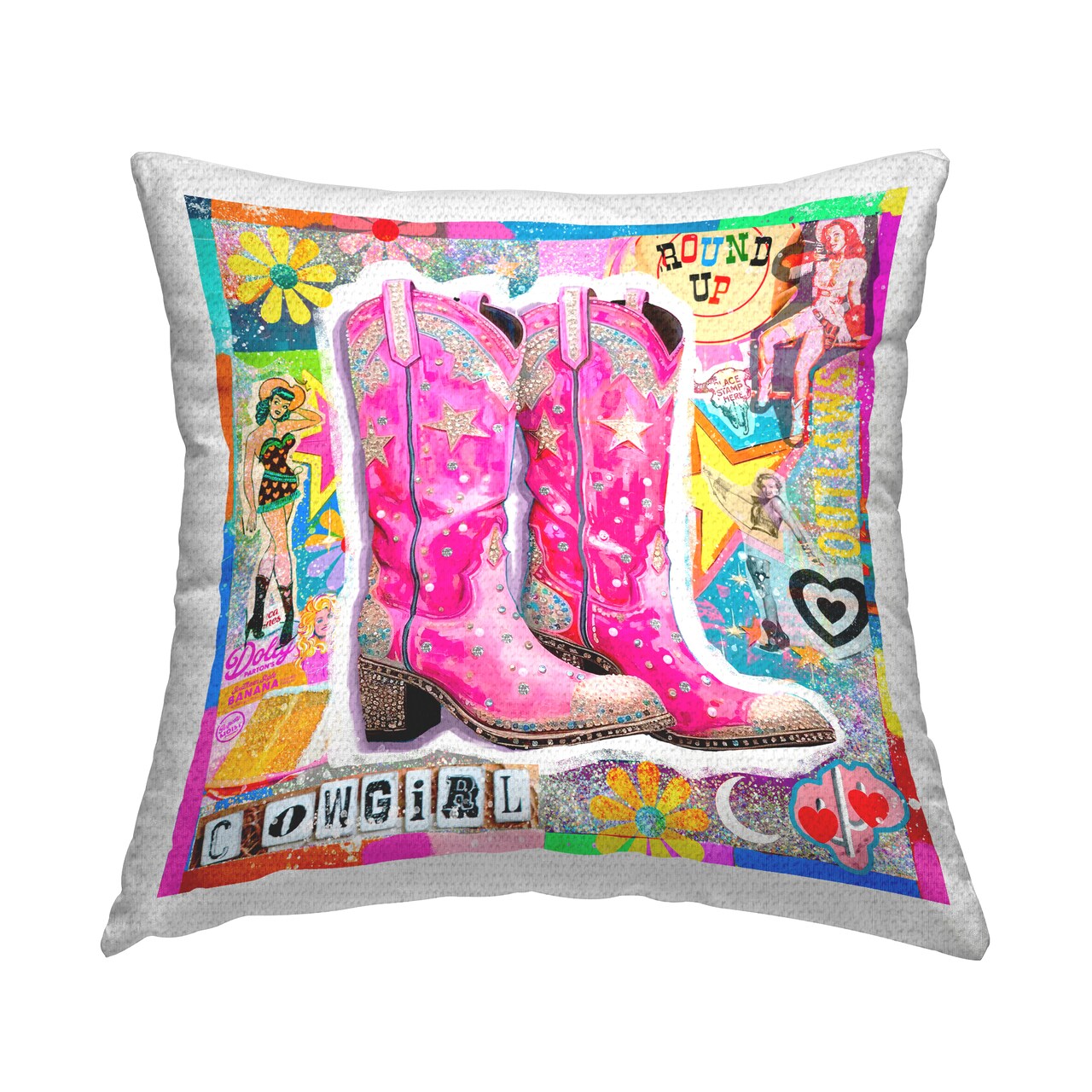 Groovy Vintage Cowgirl Collage Outdoor Printed Pillow Design by Jess Stempel, 18 x 7 x 18